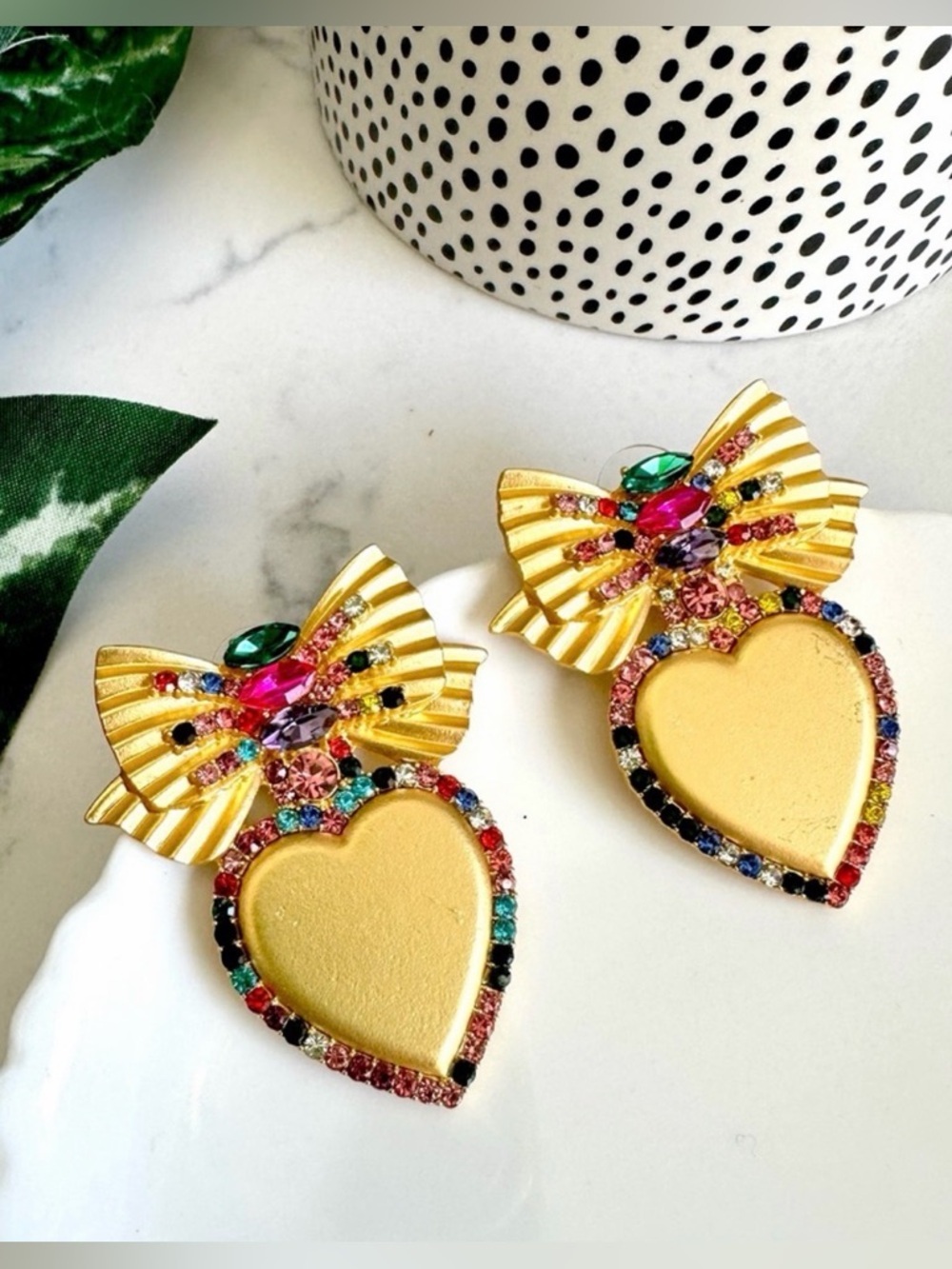 2/$30🌵 Gold Tone Heart & Bow Colorful Stone Earrings Jewelry Rhinestone NEW